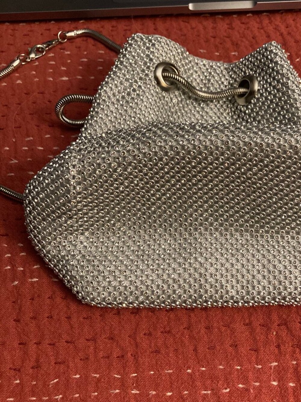Excellent Condition, Rhinestones Beaded Drawstring Bag, Silver - Picture 3 of 3